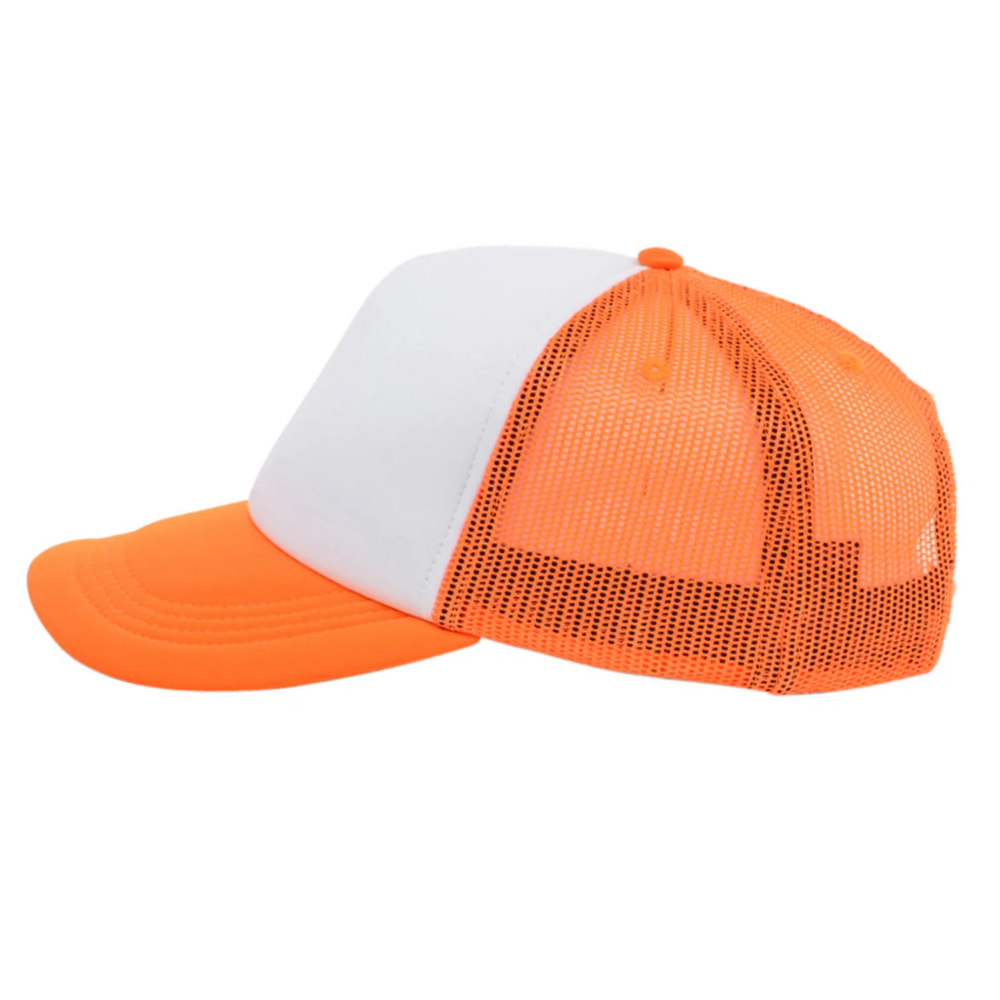 High Quality 5 Panel Foam Trucker Hat Mallard Digital Printed Orange/White Breathable Mesh Adjustable Plastic Single Row Bucket 3