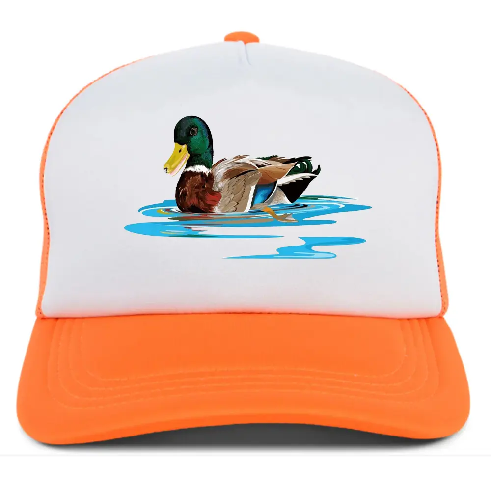 High Quality 5 Panel Foam Trucker Hat Mallard Digital Printed Orange/White Breathable Mesh Adjustable Plastic Single Row Bucket 2