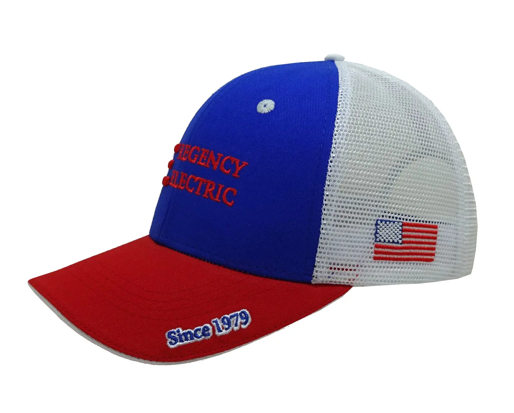 High Quality 6-Panel Curved Brim Red/Blue Color 2D/3D Embroidery Medium Profile Cotton and Mesh Fabric Trucker Hat for Man 2