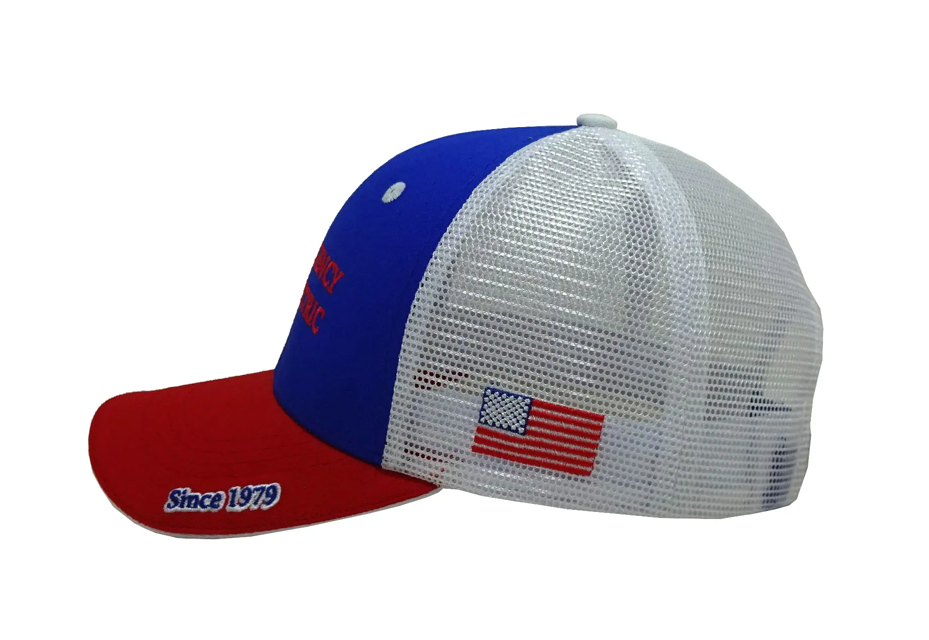 High Quality 6-Panel Curved Brim Red/Blue Color 2D/3D Embroidery Medium Profile Cotton and Mesh Fabric Trucker Hat for Man 4