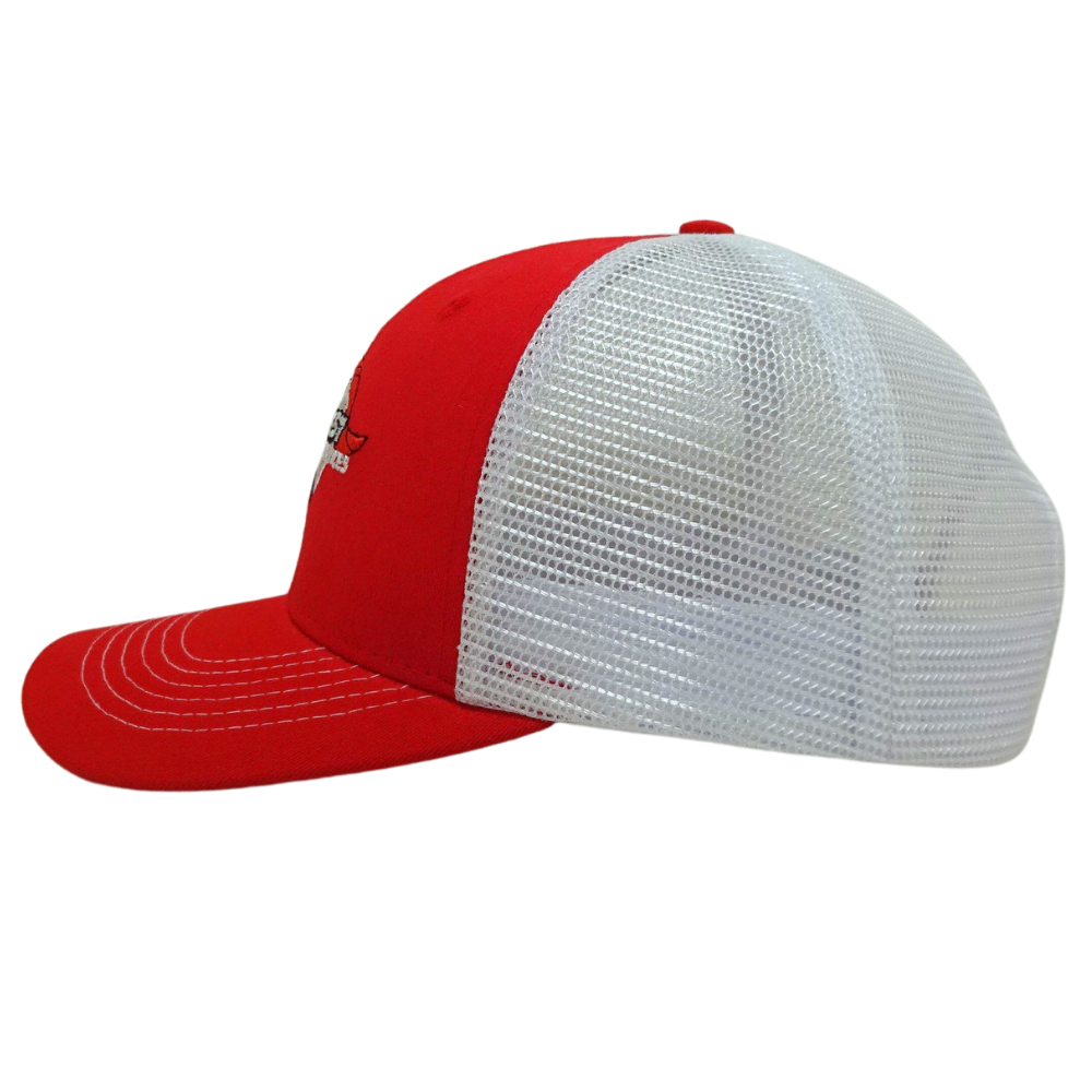 High Quality 6 Panel Red White Trucker Hat Cartoon Pattern Slightly Brim With Contrast Stitching Thread Structured Wholesale OEM 4