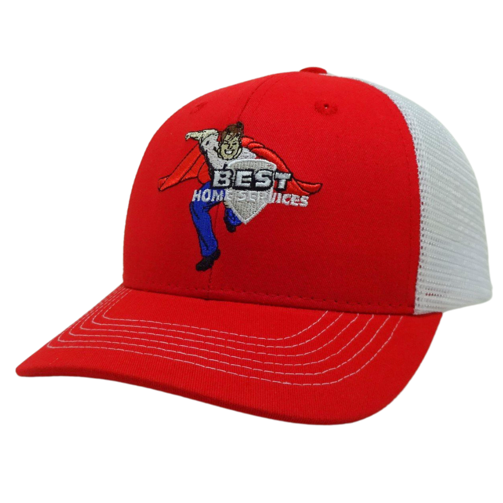 High Quality 6 Panel Red White Trucker Hat Cartoon Pattern Slightly Brim With Contrast Stitching Thread Structured Wholesale OEM 3