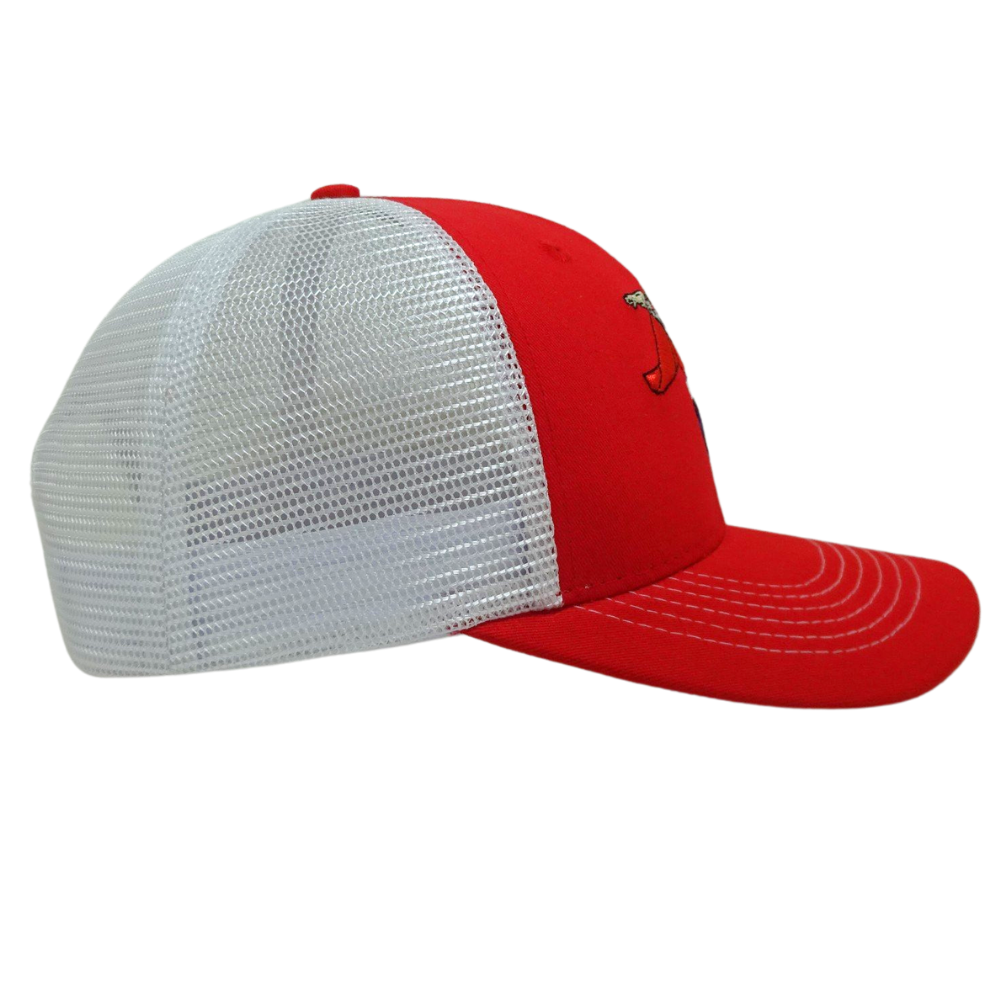 High Quality 6 Panel Red White Trucker Hat Cartoon Pattern Slightly Brim With Contrast Stitching Thread Structured Wholesale OEM 5