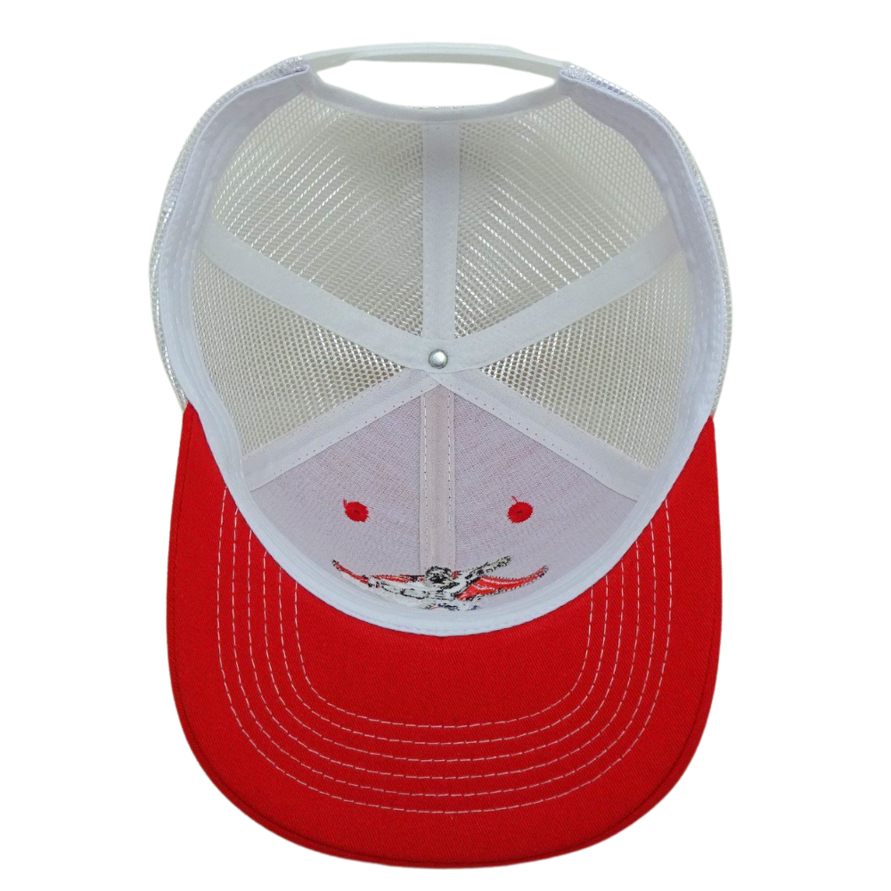 High Quality 6 Panel Red White Trucker Hat Cartoon Pattern Slightly Brim With Contrast Stitching Thread Structured Wholesale OEM 6
