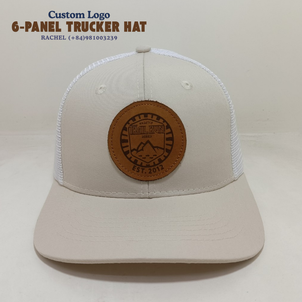 High Quality 6-Panel Trucker Hat Customized Leather Logo Semi Curve Snapback Malted Milk Color for All Activities OEM Wholesale 1