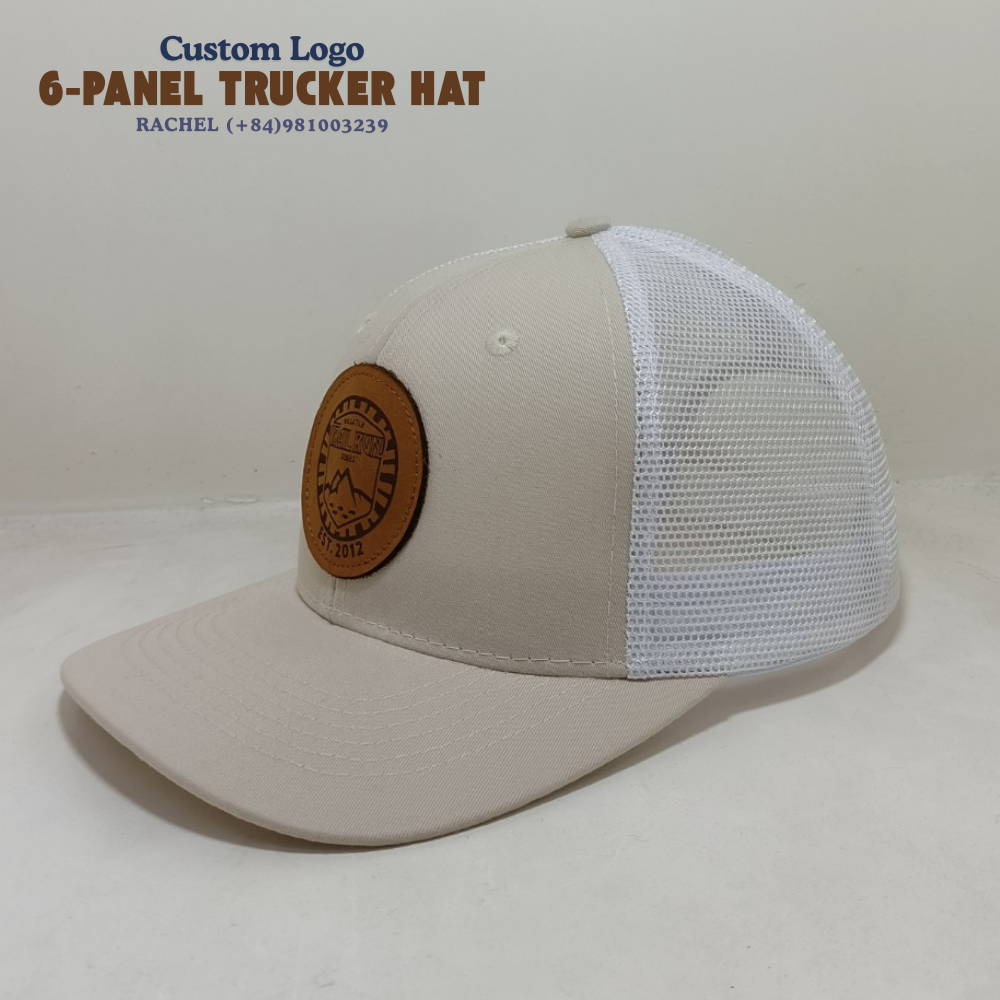 High Quality 6-Panel Trucker Hat Customized Leather Logo Semi Curve Snapback Malted Milk Color for All Activities OEM Wholesale 2