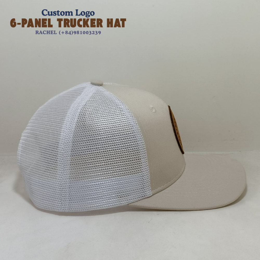 High Quality 6-Panel Trucker Hat Customized Leather Logo Semi Curve Snapback Malted Milk Color for All Activities OEM Wholesale 4