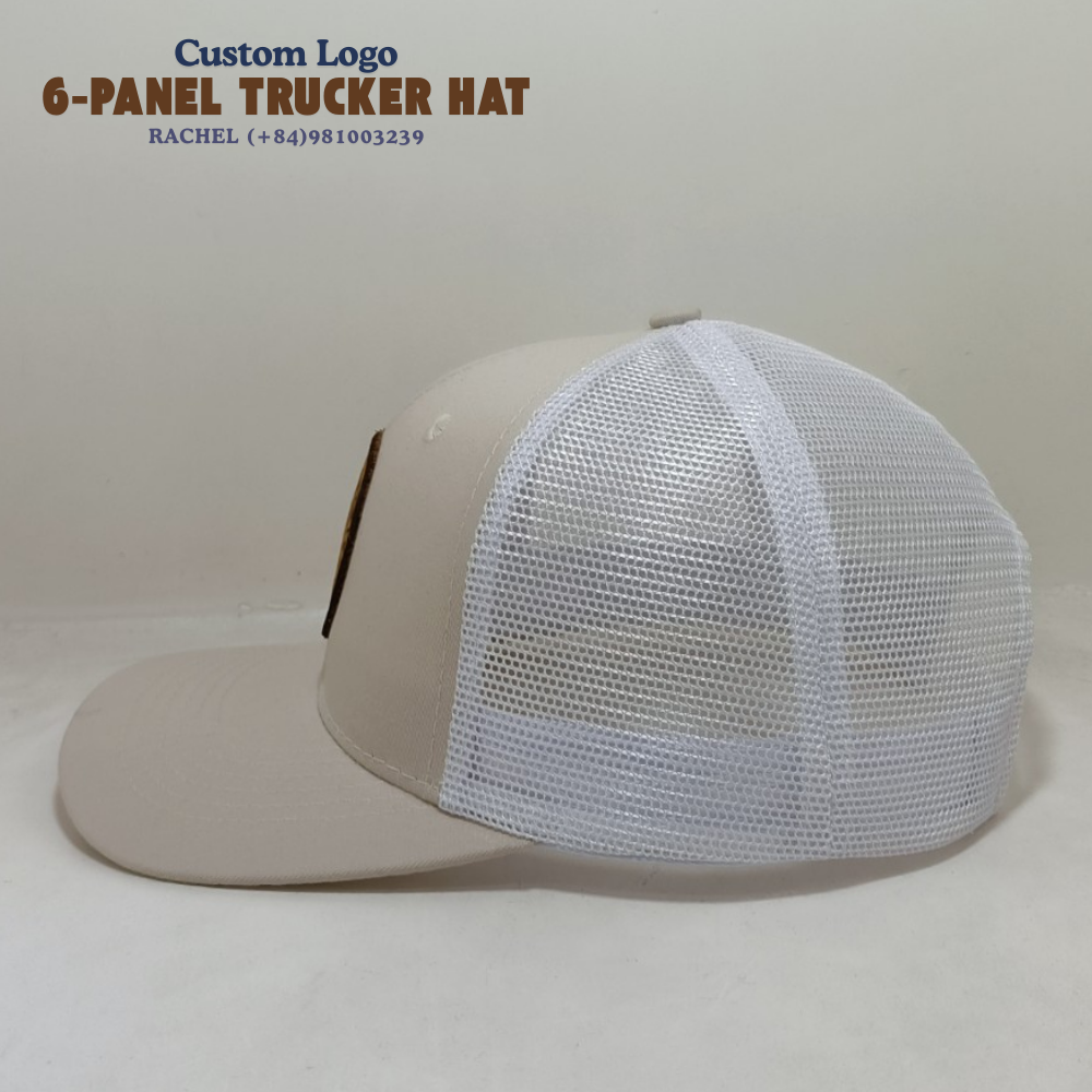 High Quality 6-Panel Trucker Hat Customized Leather Logo Semi Curve Snapback Malted Milk Color for All Activities OEM Wholesale 3