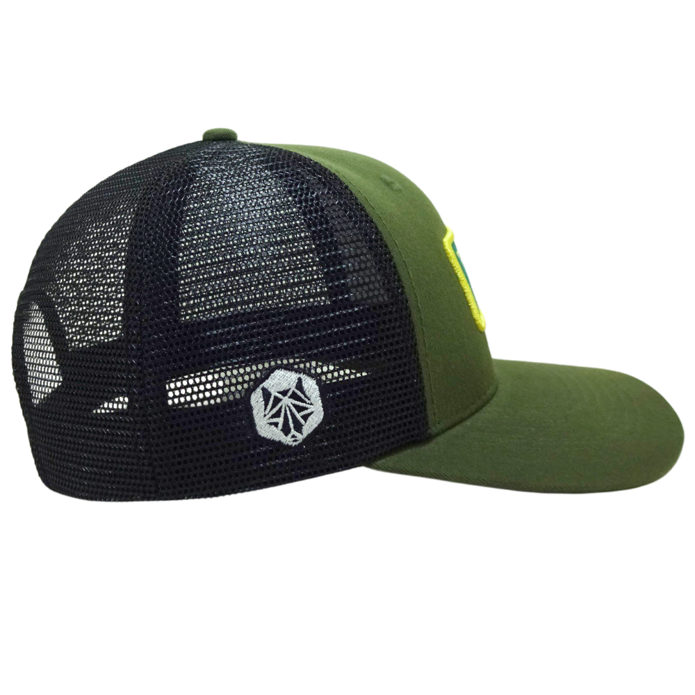 High Quality 6 Panel Trucker Hat Loden Black Mesh Woven Patch and Logo on Left Side Flat Brim Plastic Single Breasted Buckle OEM 4