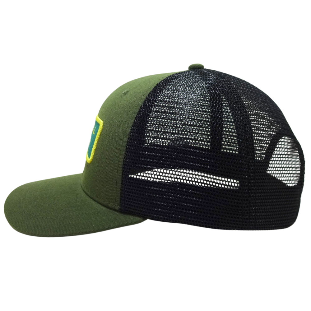 High Quality 6 Panel Trucker Hat Loden Black Mesh Woven Patch and Logo on Left Side Flat Brim Plastic Single Breasted Buckle OEM 3