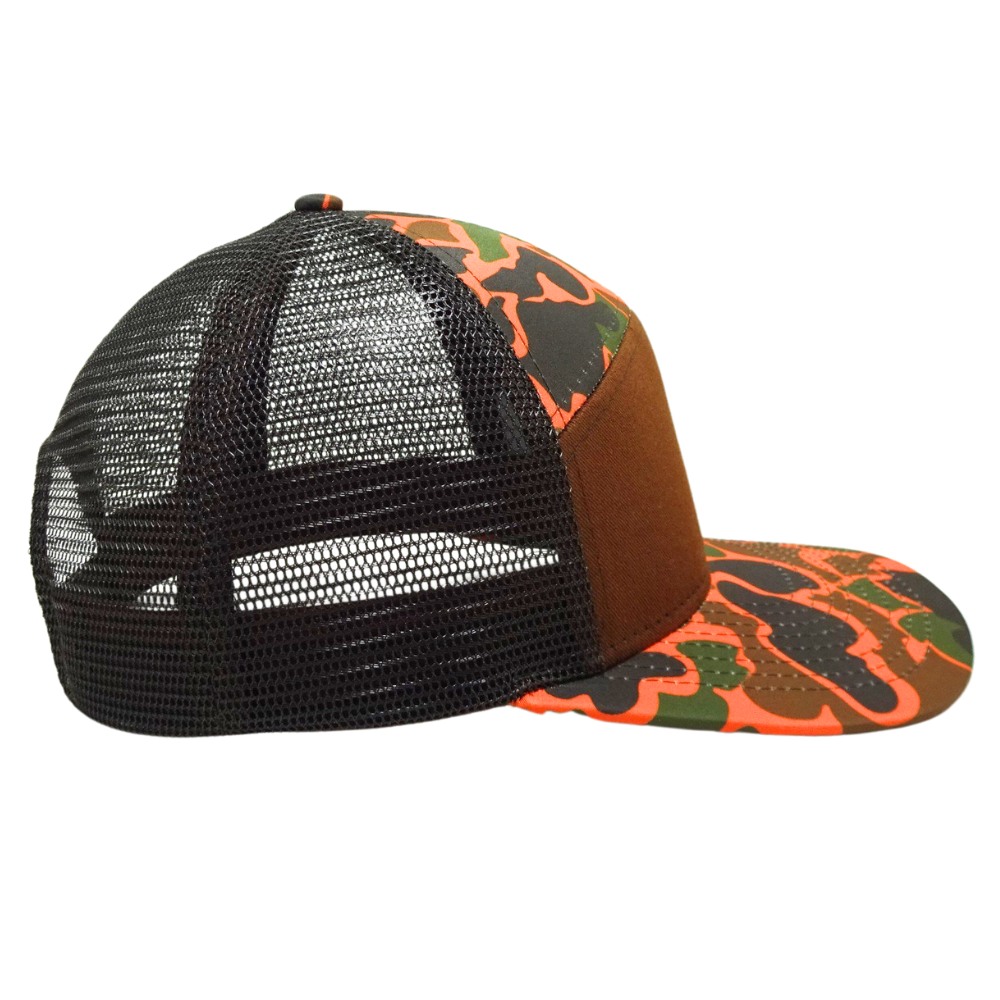 High Quality 7 Panel Brown Orange Camouflage Trucker Hat Black Mesh Structured Single Breasted Buckle Wholesale Unisex All Ages 5