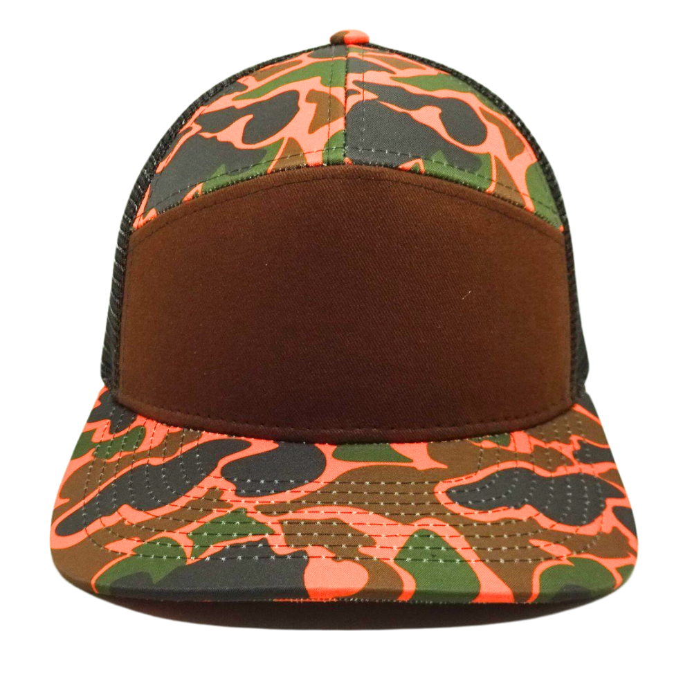 High Quality 7 Panel Brown Orange Camouflage Trucker Hat Black Mesh Structured Single Breasted Buckle Wholesale Unisex All Ages 2