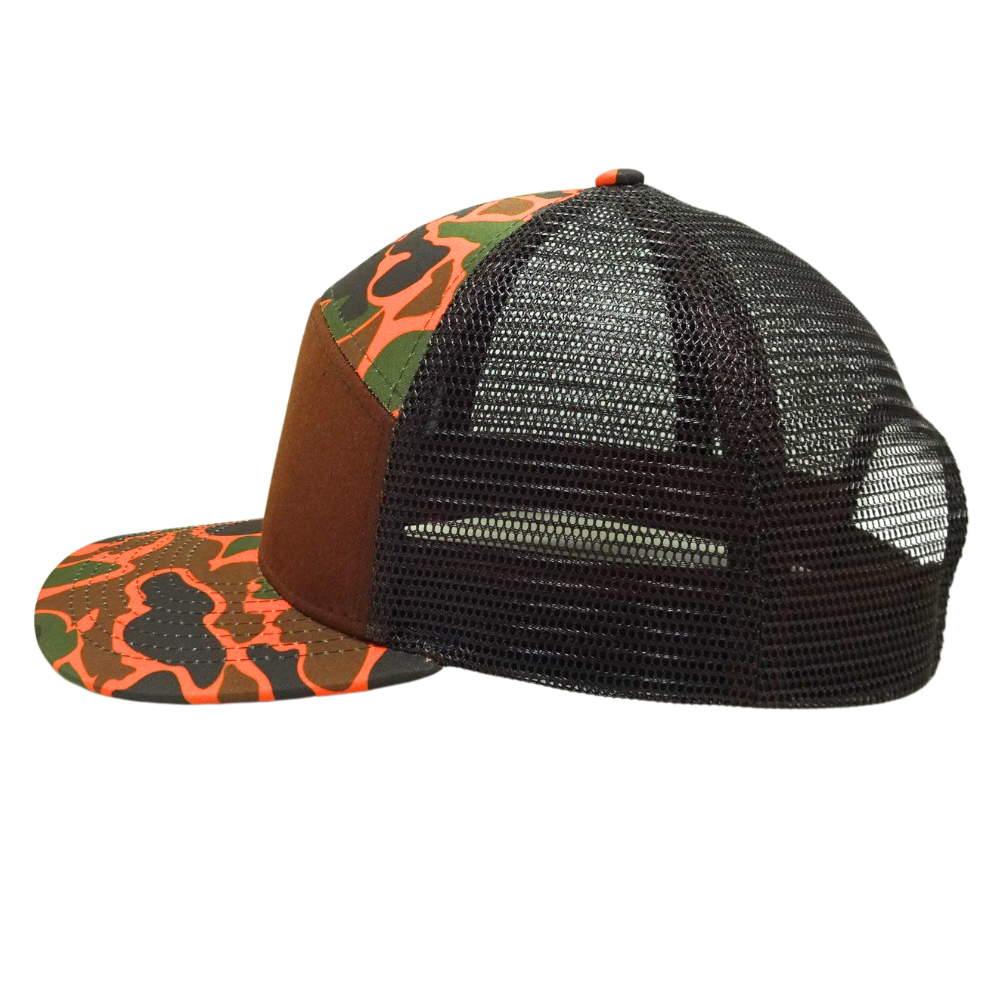 High Quality 7 Panel Brown Orange Camouflage Trucker Hat Black Mesh Structured Single Breasted Buckle Wholesale Unisex All Ages 4