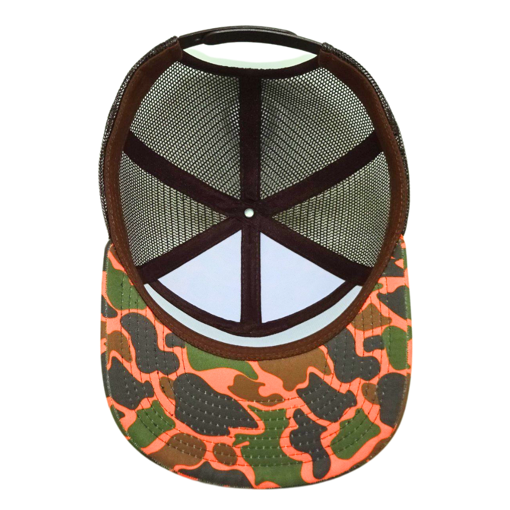 High Quality 7 Panel Brown Orange Camouflage Trucker Hat Black Mesh Structured Single Breasted Buckle Wholesale Unisex All Ages 6