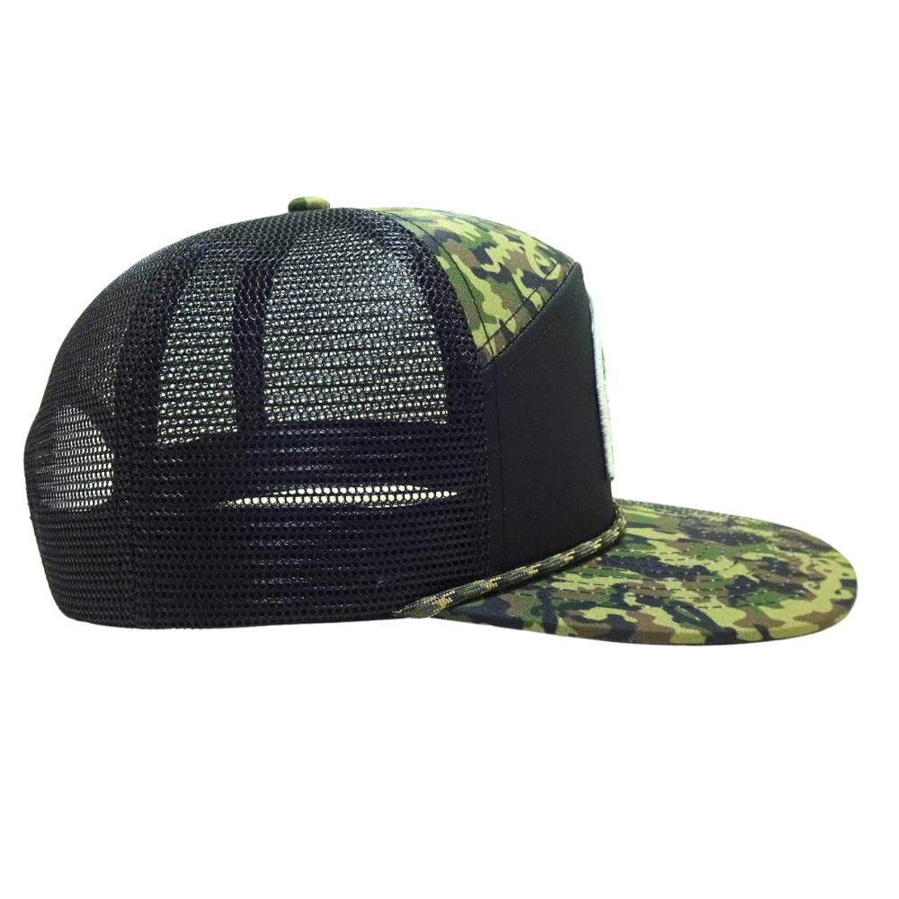 High Quality 7 Panel Green Black Camouflage Trucker Hat Custom Woven Patch Brim Rope on Brim Single Breasted Buckle Wholesale 5