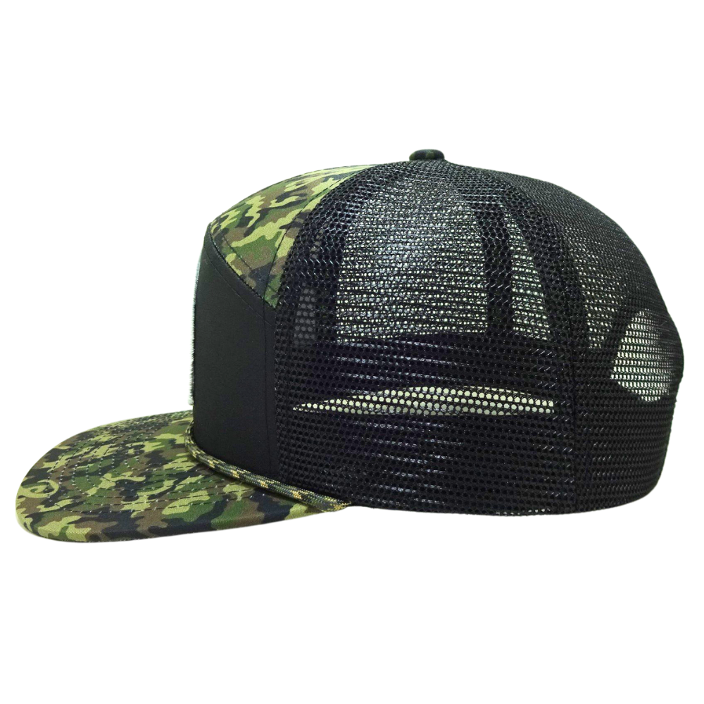 High Quality 7 Panel Green Black Camouflage Trucker Hat Custom Woven Patch Brim Rope on Brim Single Breasted Buckle Wholesale 4
