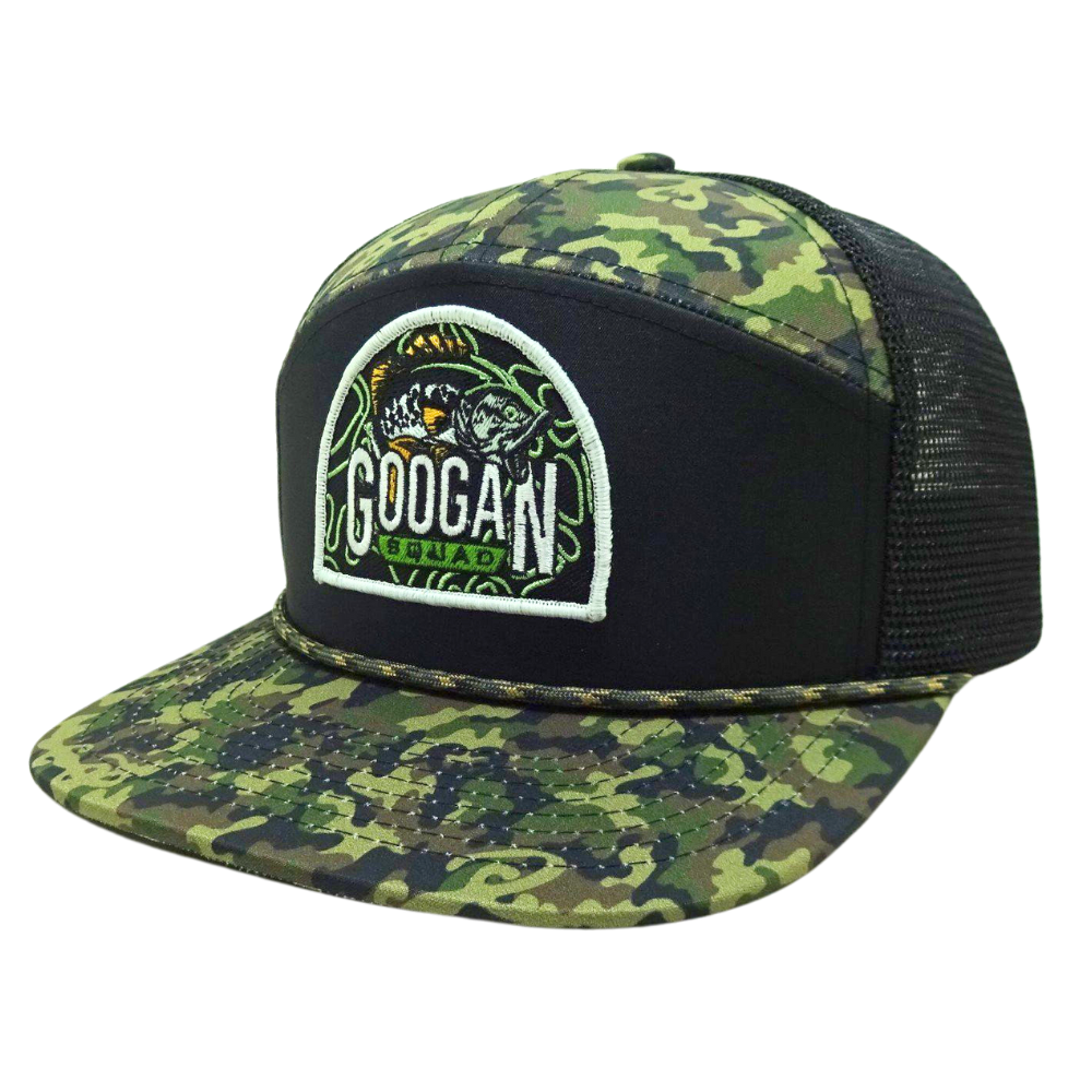 High Quality 7 Panel Green Black Camouflage Trucker Hat Custom Woven Patch Brim Rope on Brim Single Breasted Buckle Wholesale 3