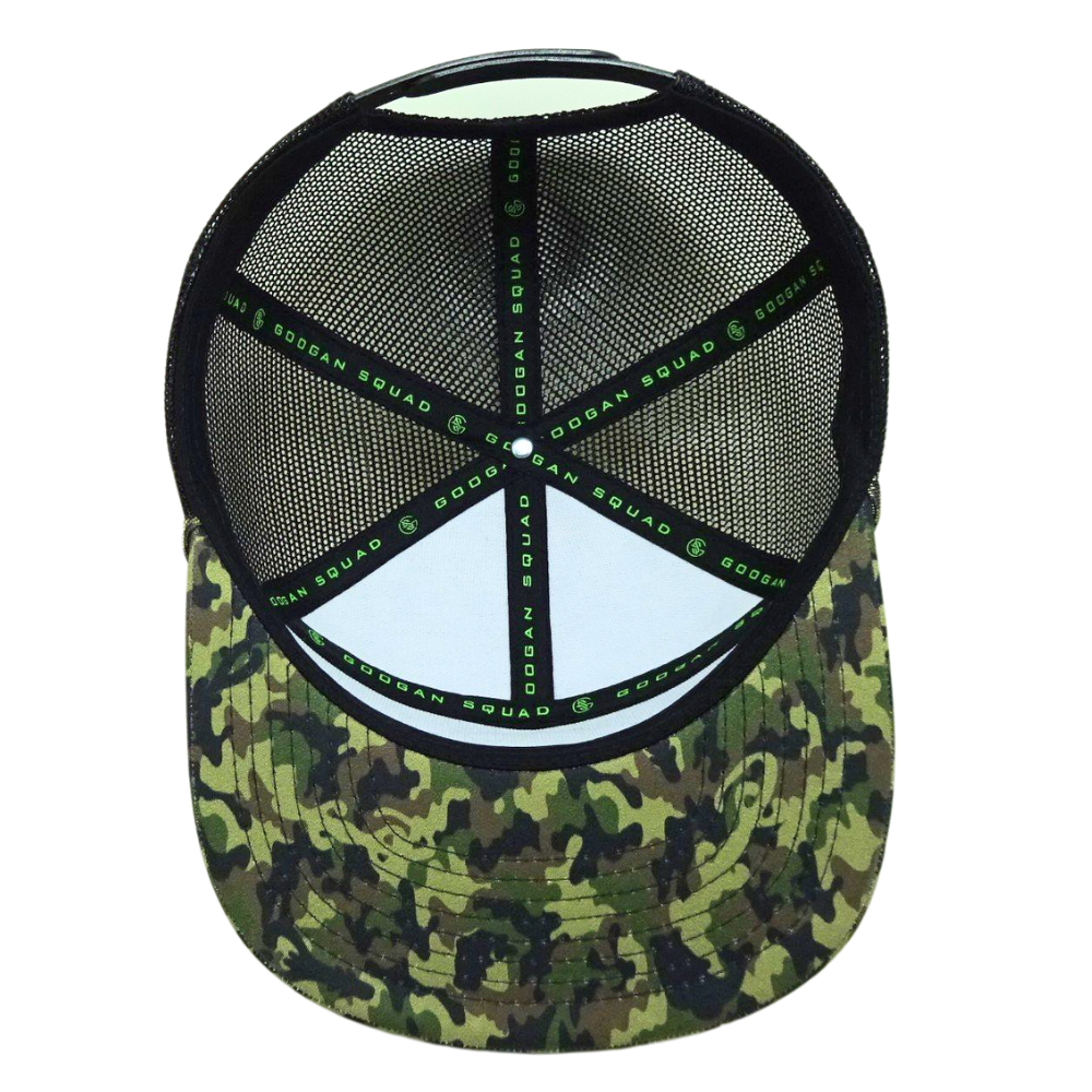 High Quality 7 Panel Green Black Camouflage Trucker Hat Custom Woven Patch Brim Rope on Brim Single Breasted Buckle Wholesale 6