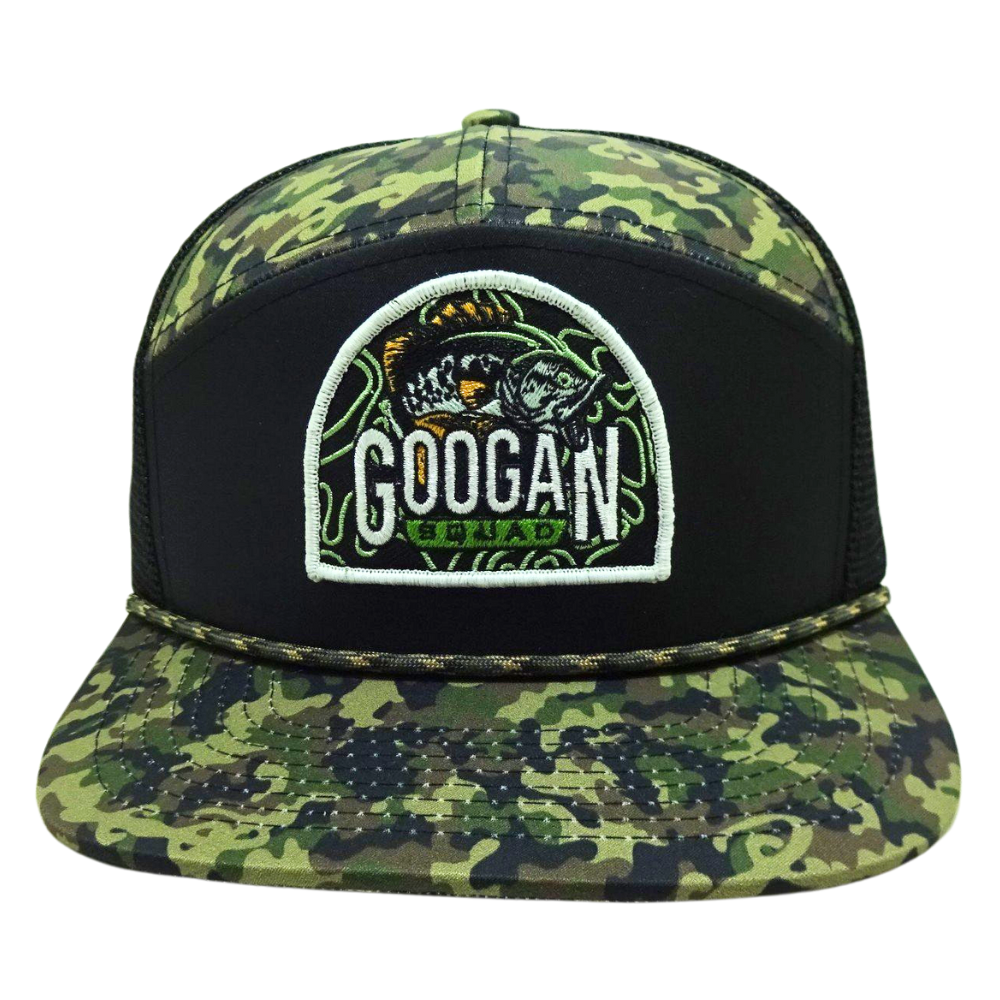 High Quality 7 Panel Green Black Camouflage Trucker Hat Custom Woven Patch Brim Rope on Brim Single Breasted Buckle Wholesale 2