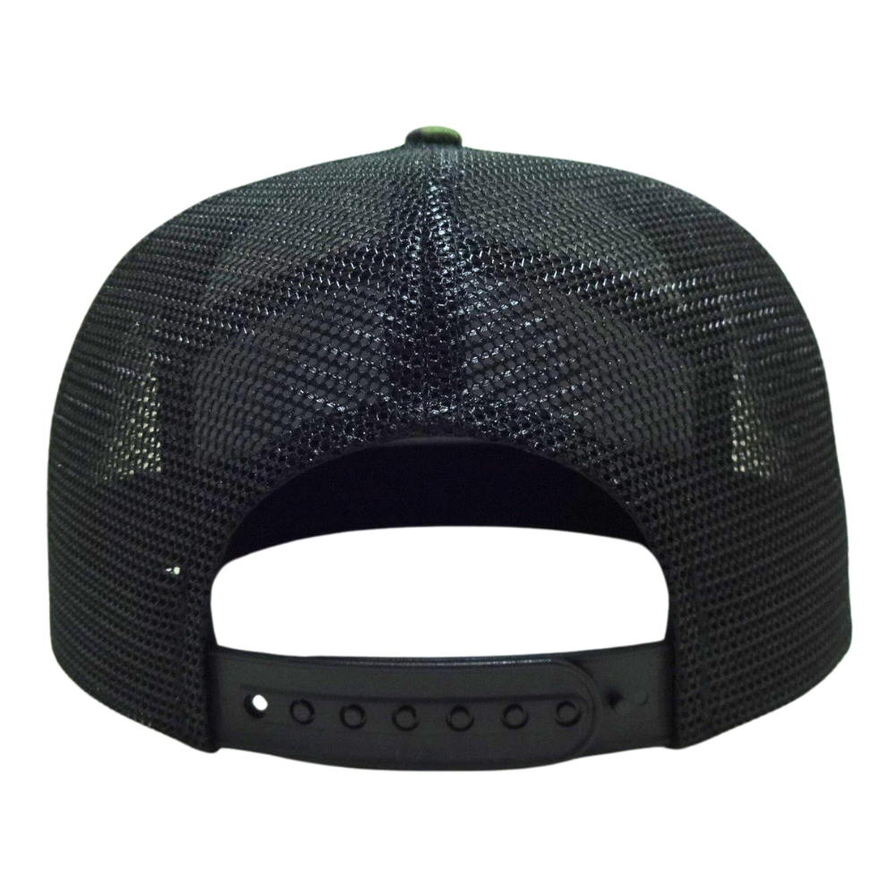 High Quality 7 Panel Green Black Camouflage Trucker Hat Custom Woven Patch Brim Rope on Brim Single Breasted Buckle Wholesale 7