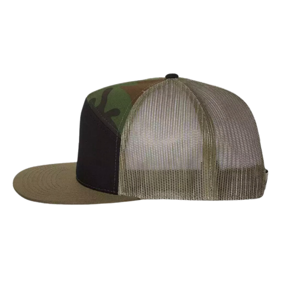 High Quality 7 Panel Trucker Hat Camo Printed Green Custom Your Embroidery/Woven/Rubber/Leather Logo Patch for Unisex Wholesale 3