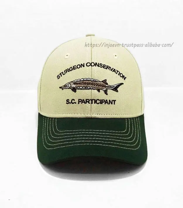 High Quality Beige/Green Color Polyester Baseball Hat Medium Profile Curved Brim Cap Vietnam Factory