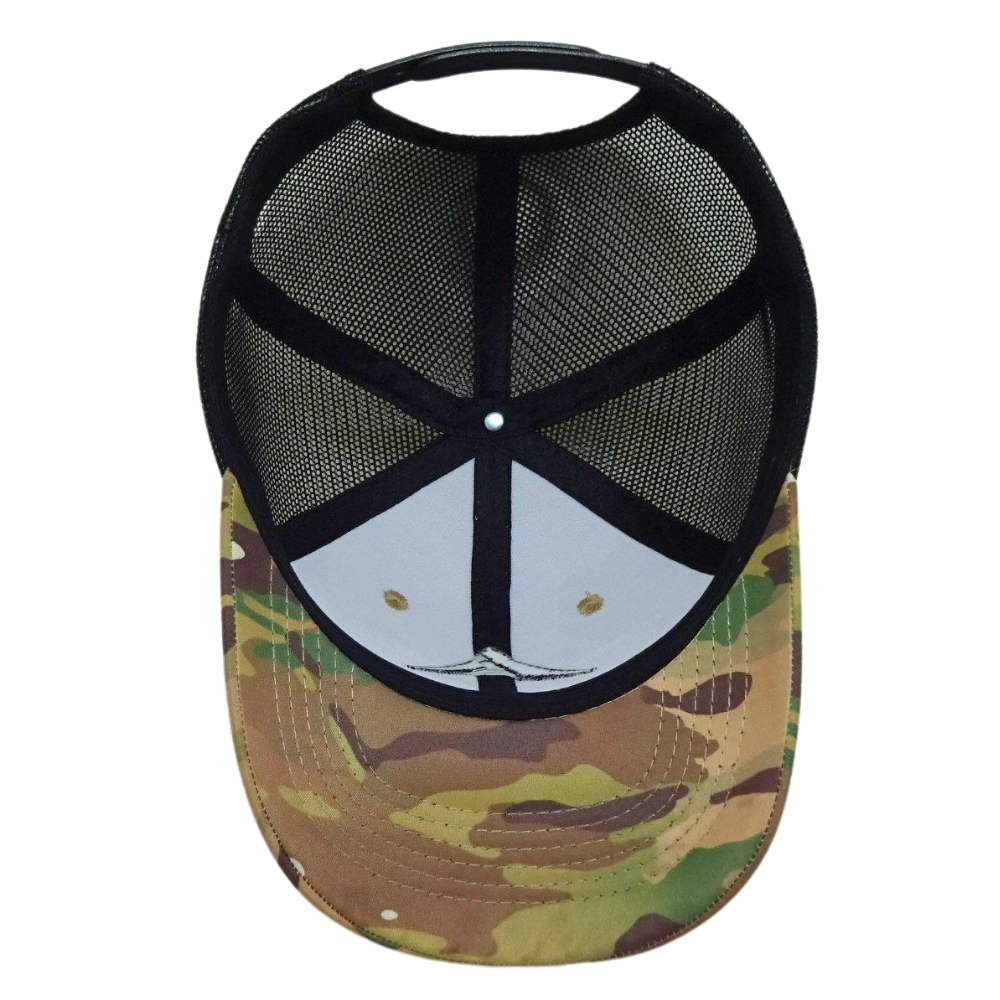 High Quality Camouflage 6 Panel Trucker Hat 3D Embroidery Contrast Stitching Line Black Mesh Plastic Single Breasted Buckle OEM 6