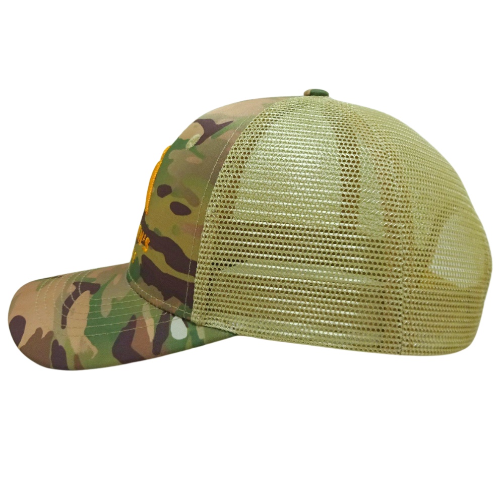 High Quality Camouflage Trucker 6 Panel Yellow Mesh and 3D Embroidery Custom Your Brand Logo Curved Brim for Men Fishing Outdoor 4