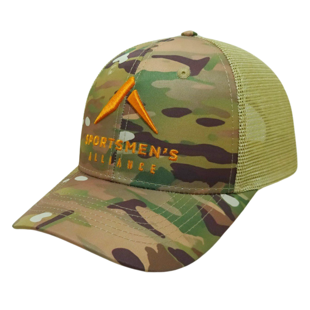 High Quality Camouflage Trucker 6 Panel Yellow Mesh and 3D Embroidery Custom Your Brand Logo Curved Brim for Men Fishing Outdoor 3