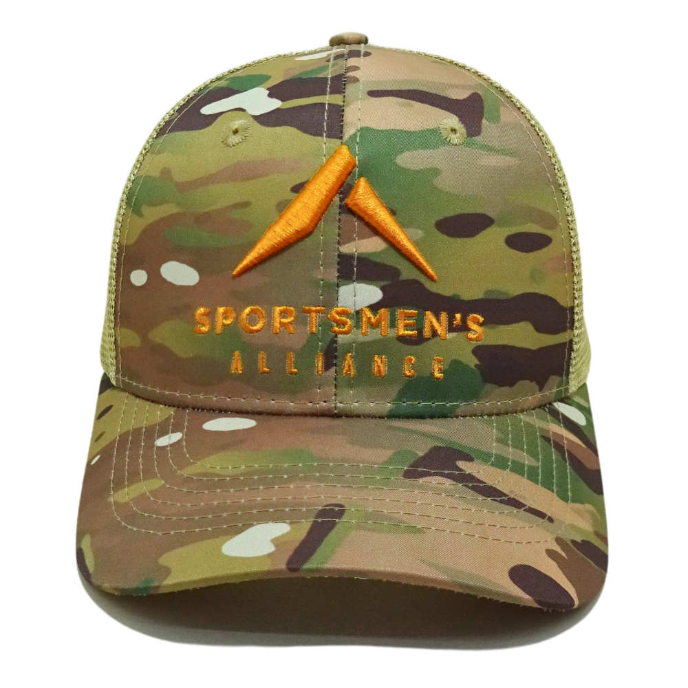 High Quality Camouflage Trucker 6 Panel Yellow Mesh and 3D Embroidery Custom Your Brand Logo Curved Brim for Men Fishing Outdoor 2