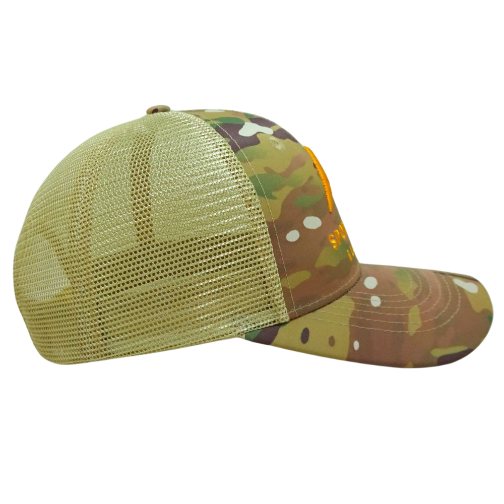High Quality Camouflage Trucker 6 Panel Yellow Mesh and 3D Embroidery Custom Your Brand Logo Curved Brim for Men Fishing Outdoor 5