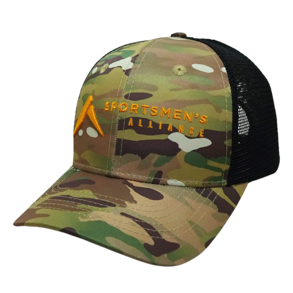 High Quality Camouflage Trucker Hat 6 Panel Structured Black Mesh Single Breasted Buckle Contrast Stitching Threads Curved Brim 3