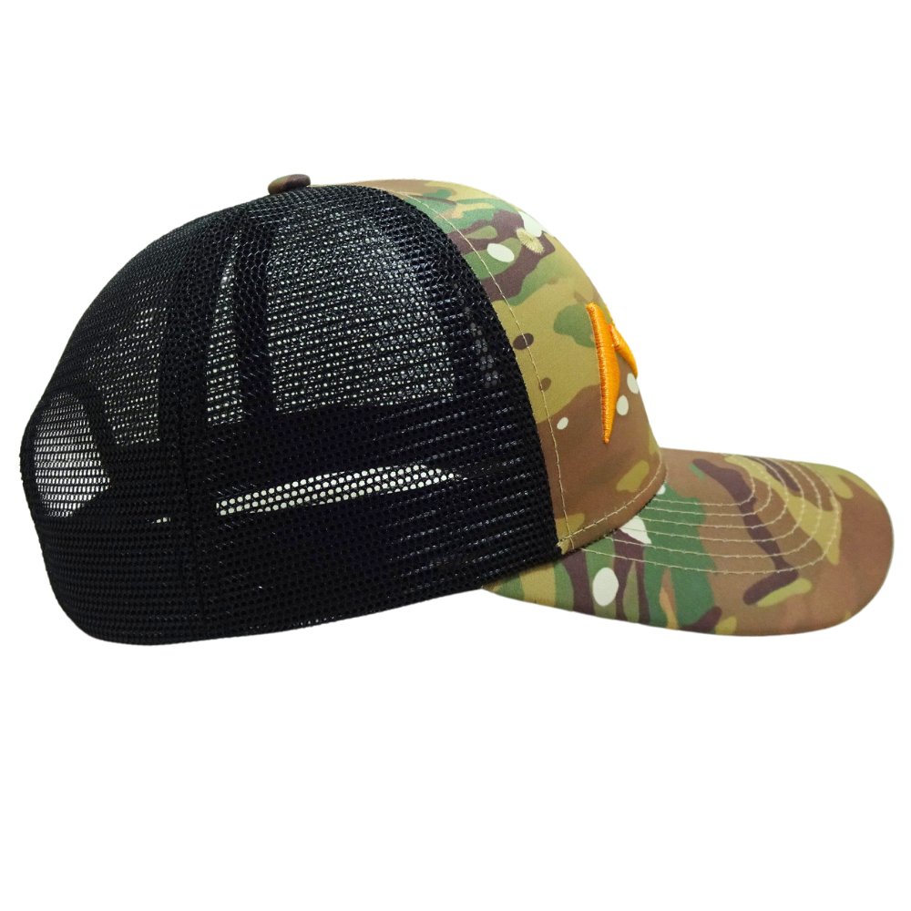High Quality Camouflage Trucker Hat 6 Panel Structured Black Mesh Single Breasted Buckle Contrast Stitching Threads Curved Brim 5