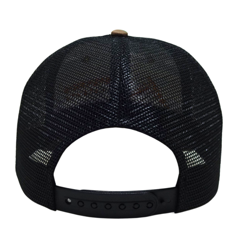 High Quality Camouflage Trucker Hat 6 Panel Structured Black Mesh Single Breasted Buckle Contrast Stitching Threads Curved Brim 7