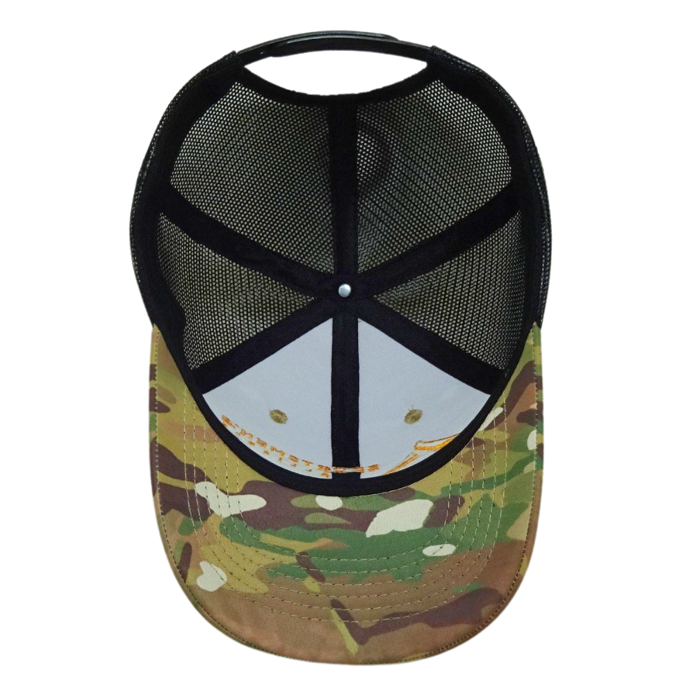 High Quality Camouflage Trucker Hat 6 Panel Structured Black Mesh Single Breasted Buckle Contrast Stitching Threads Curved Brim 6