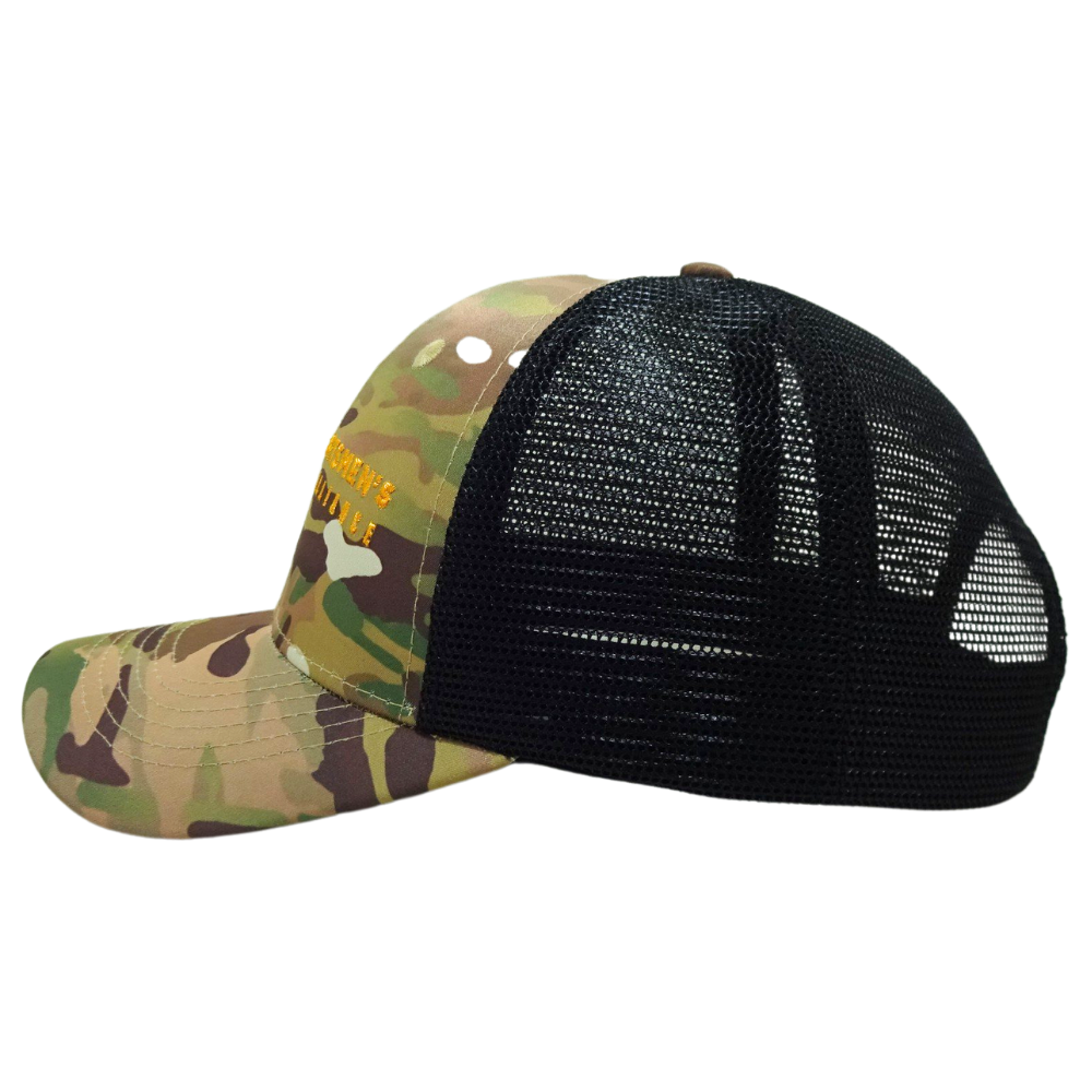 High Quality Camouflage Trucker Hat 6 Panel Structured Black Mesh Single Breasted Buckle Contrast Stitching Threads Curved Brim 4