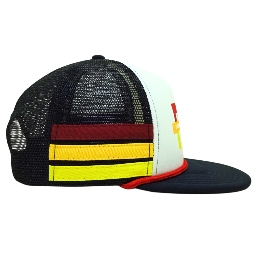 High Quality Custom 5 Panel Foam Trucker Hat Flat Brim Single Breasted Buckle Printed Seam Tapes White Black Mesh for Your Brand 6