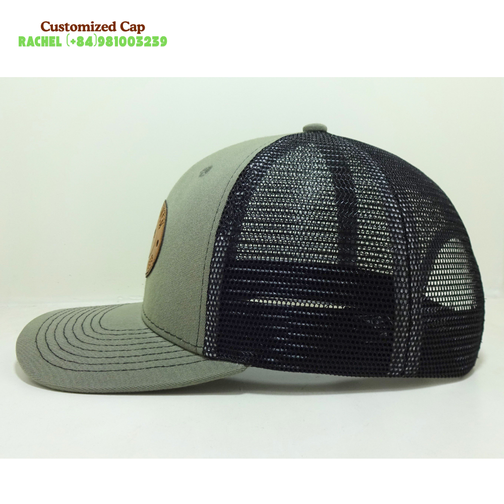 High Quality Customized Leather LogopBy Your Brand Cap Strucker Semi Curve Black Mesh Street Style OEM 3