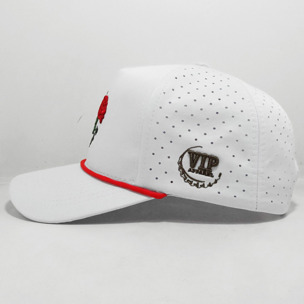 High Quality Facetory 3D Flower Embroidery on Front and Left Side Laser Cut Hole Perforated Mesh White Red With Rope for Present 4
