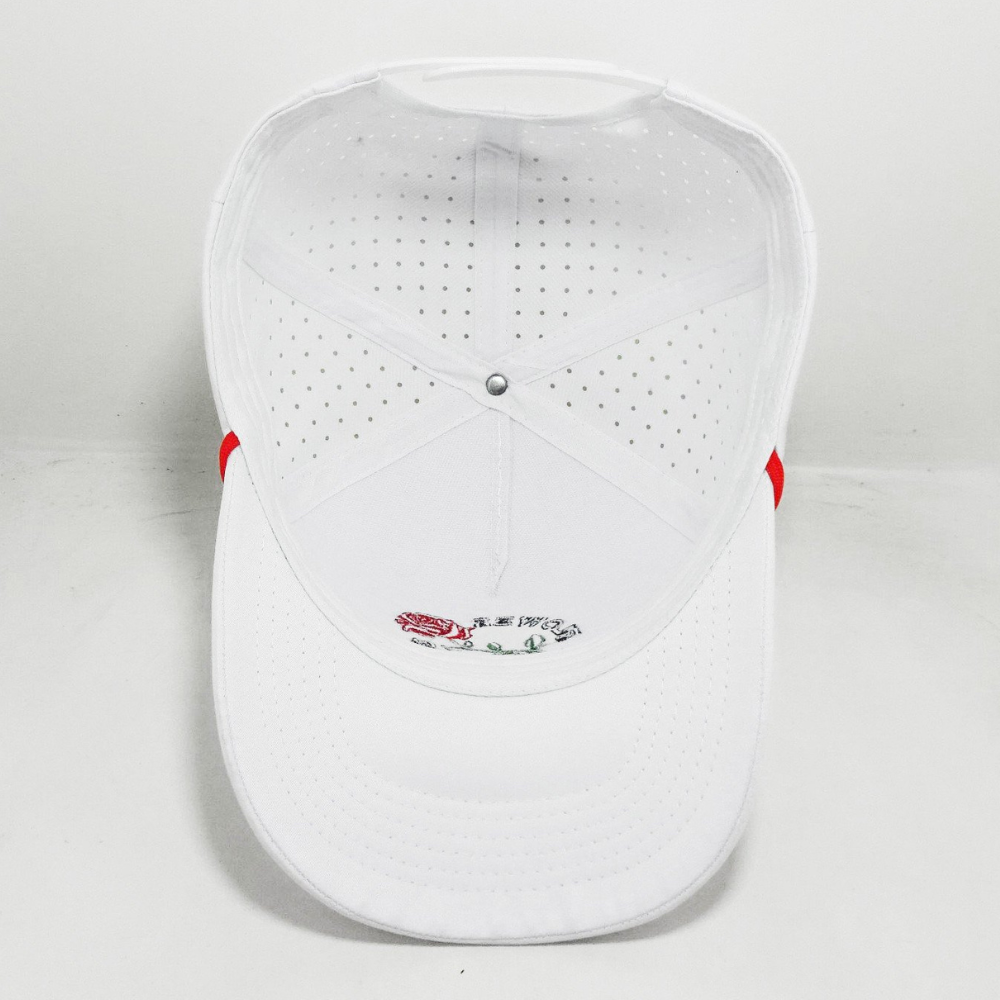 High Quality Facetory 3D Flower Embroidery on Front and Left Side Laser Cut Hole Perforated Mesh White Red With Rope for Present 6