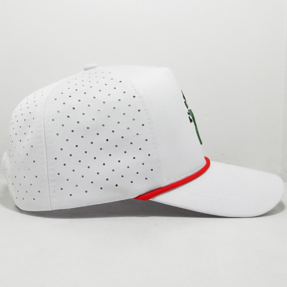 High Quality Facetory 3D Flower Embroidery on Front and Left Side Laser Cut Hole Perforated Mesh White Red With Rope for Present 5