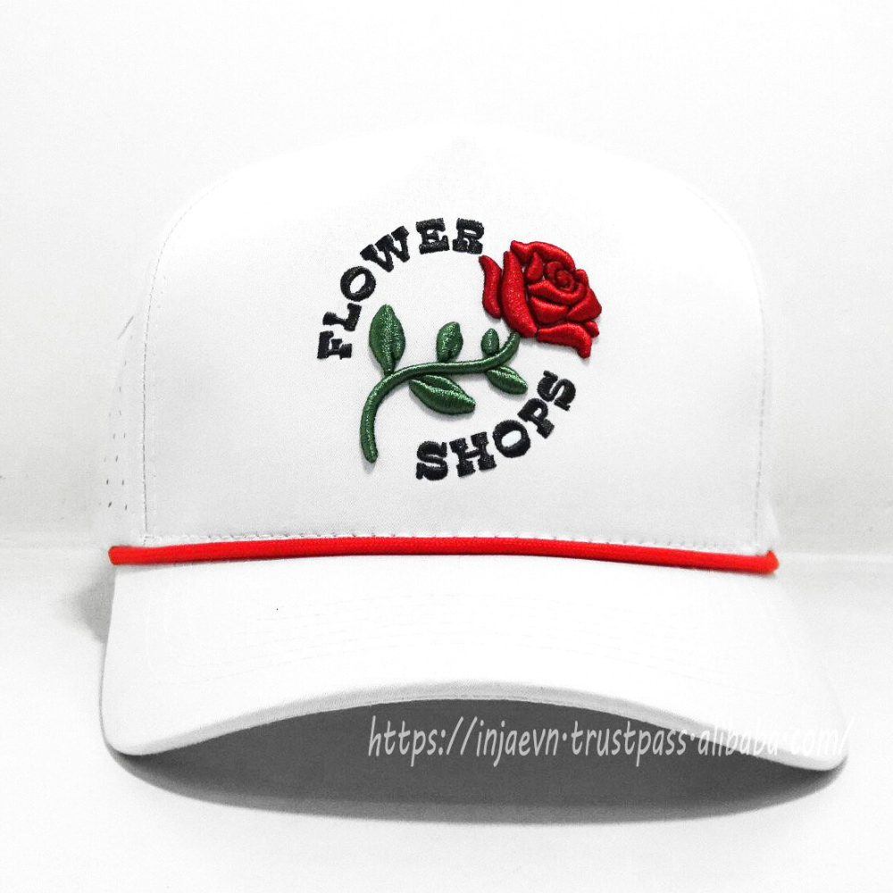High Quality Facetory 3D Flower Embroidery on Front and Left Side Laser Cut Hole Perforated Mesh White Red With Rope for Present 2