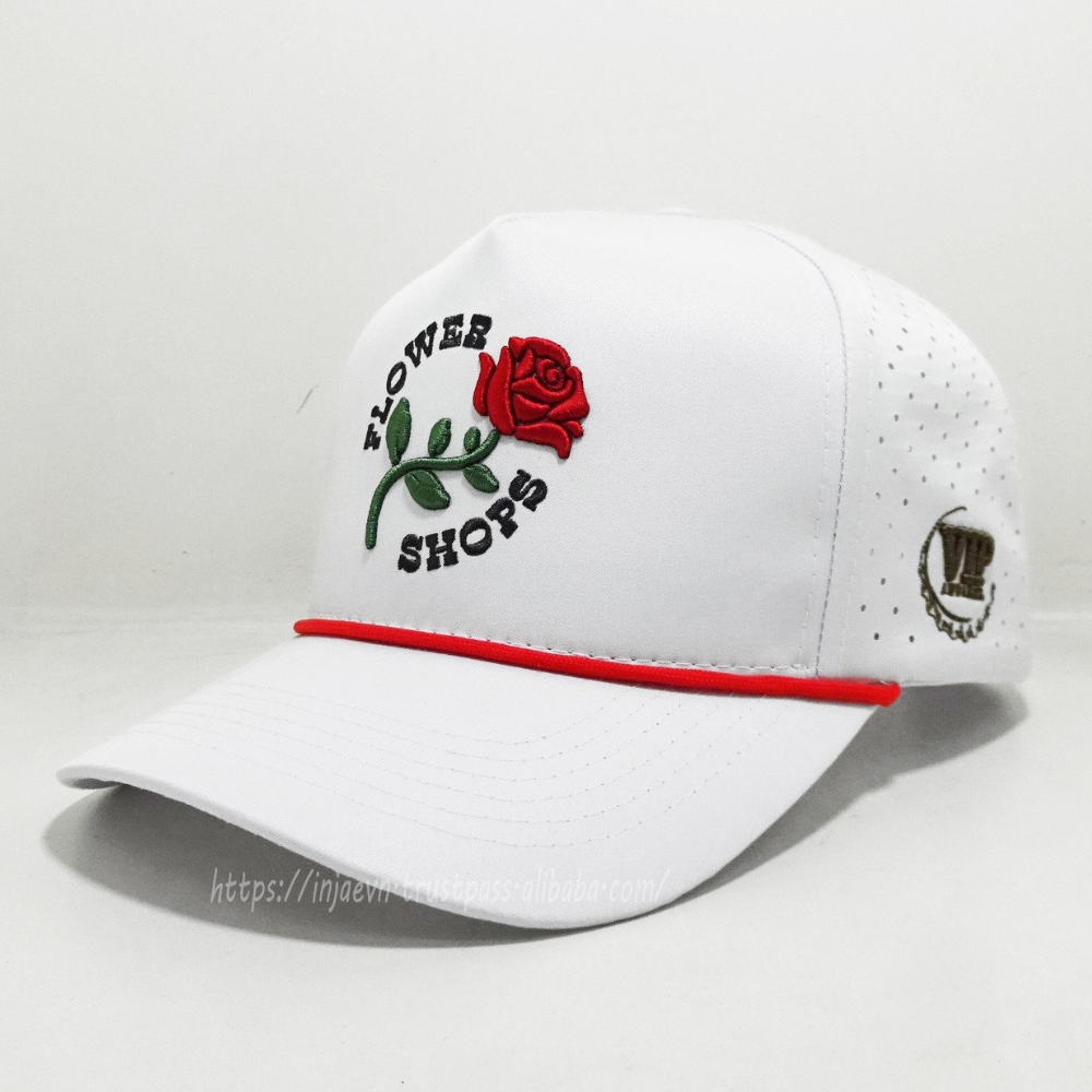High Quality Facetory 3D Flower Embroidery on Front and Left Side Laser Cut Hole Perforated Mesh White Red With Rope for Present 3