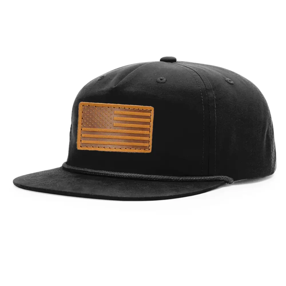 High Quality Factory Black Ri 256 5 Panel Wholesale Leather Logo Patch With a Rope on Flat Brim Single Breasted Buckle Wholesale 2