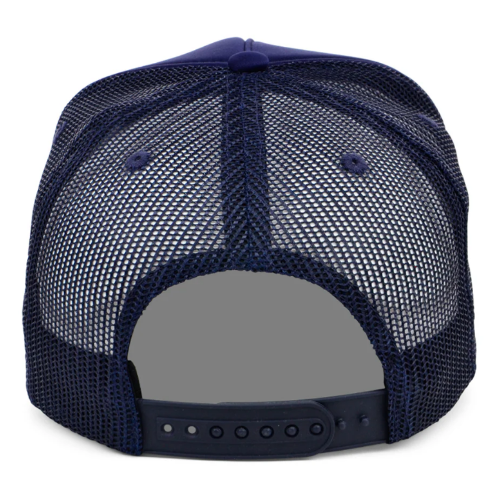 High Quality Factory Custom 5 Panel Foam Trucker Hat Puff Printing Logo Navy Blue Breathable Mesh Adjustable Single Row Buckle 5