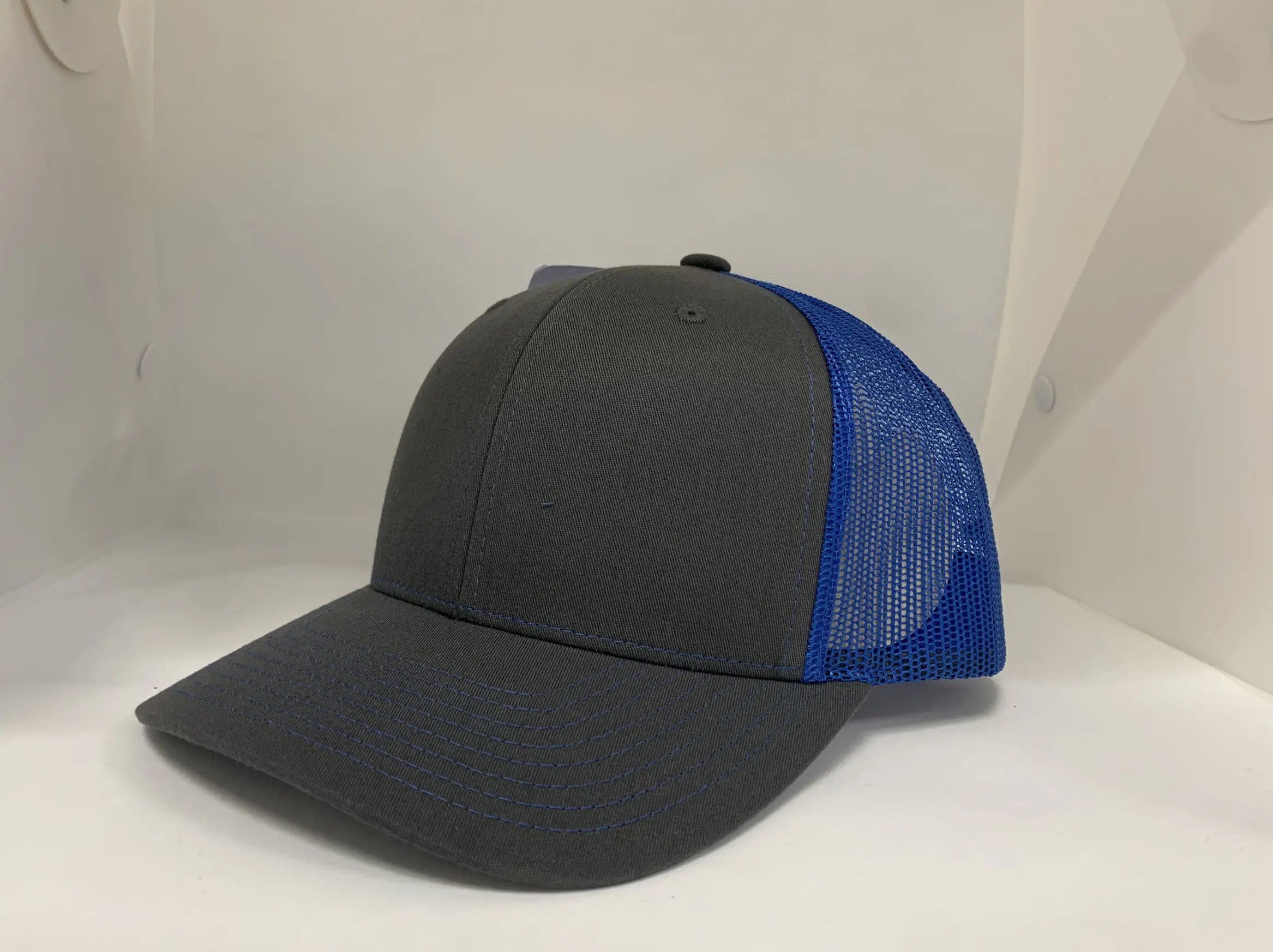 High Quality Grey/Navy Blue Color Medium Profile Cotton and Mesh Fabric Trucker Hat in Vietnam Factory 2