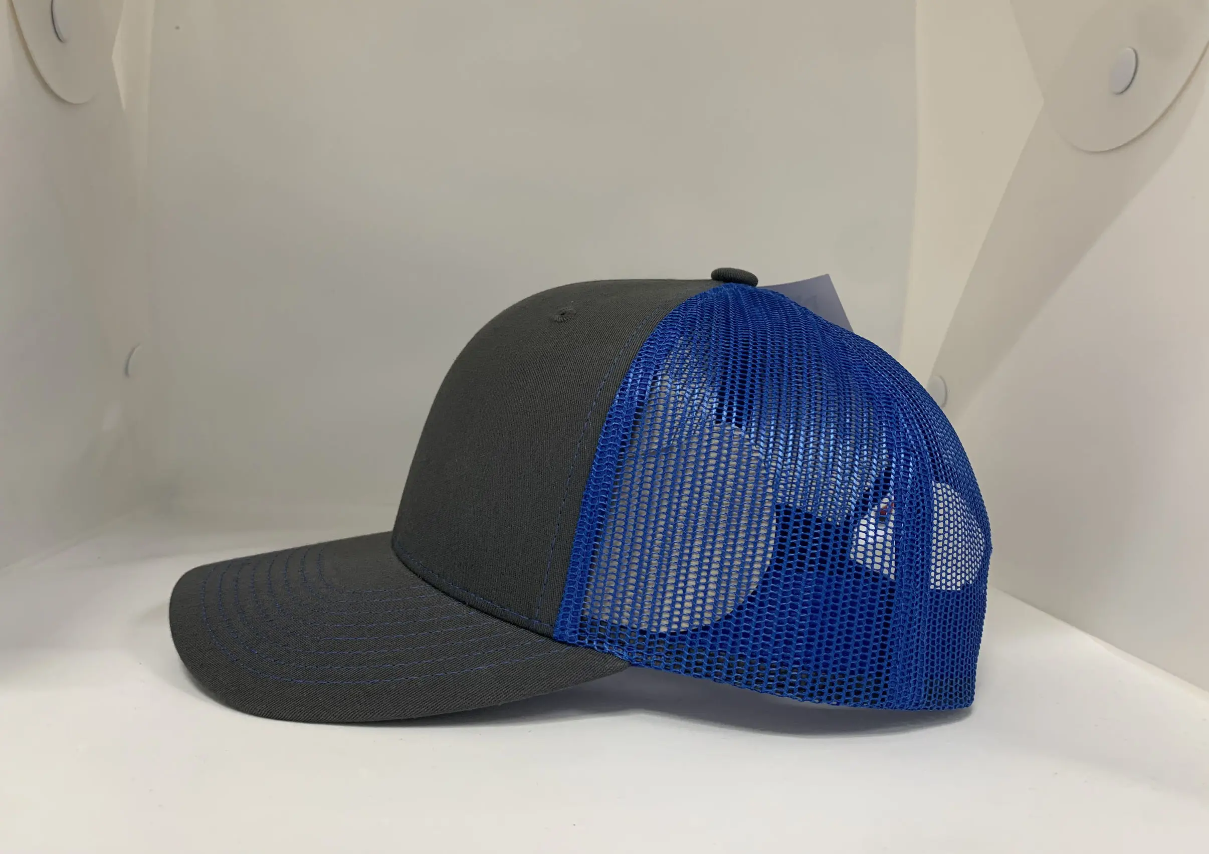 High Quality Grey/Navy Blue Color Medium Profile Cotton and Mesh Fabric Trucker Hat in Vietnam Factory 3