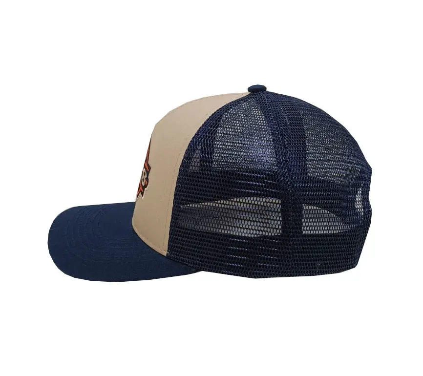 High Quality Medium Profile Beige/Navy Blue Color Polyester Structured Curved Brim Trucker Cap in Vietnam Factory 3