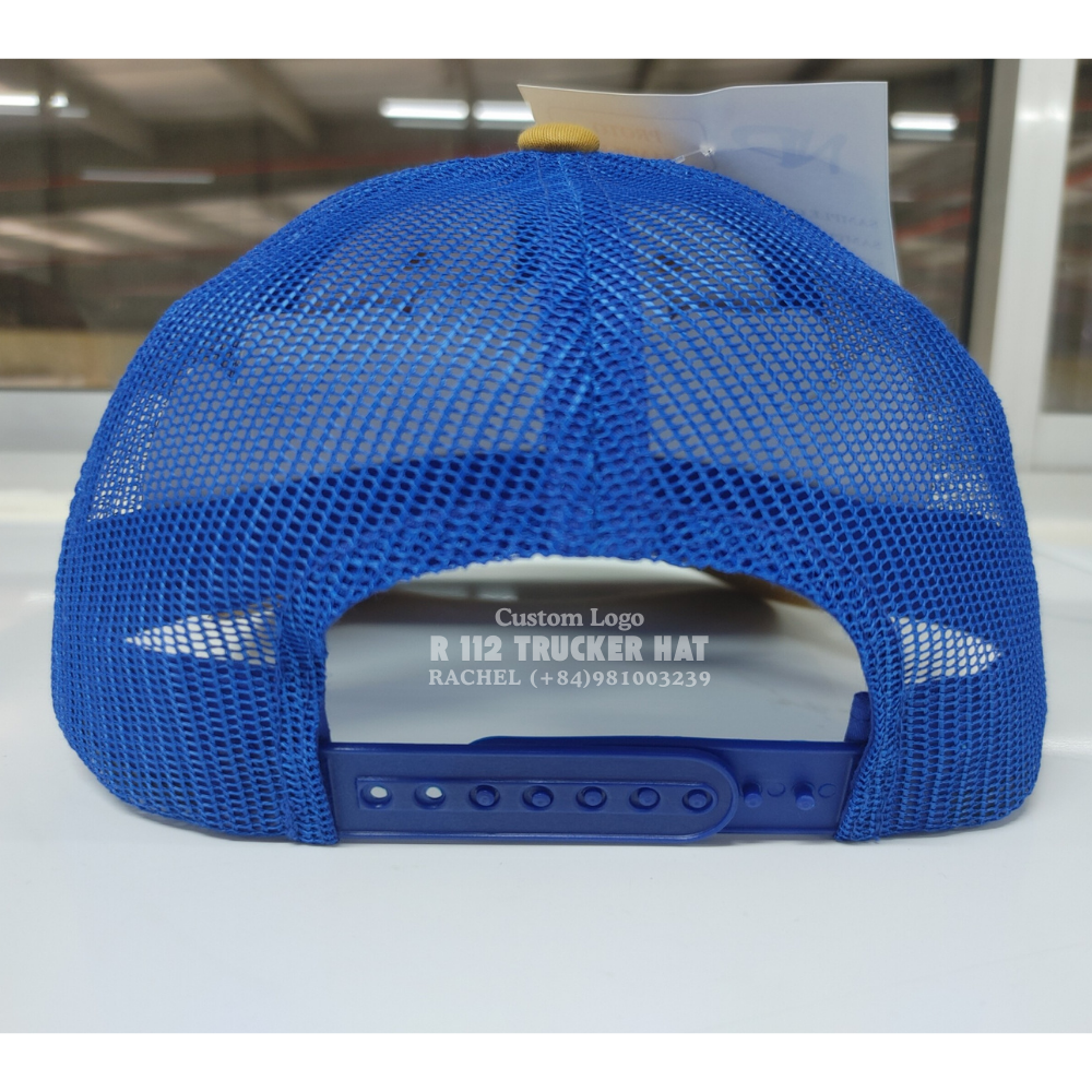 High Quality R 112 Trucker Hats 6 Panel Woven Patches Contrast Stitching Line On Brim Breathable Mesh For Shopping Vietnam OEM 5