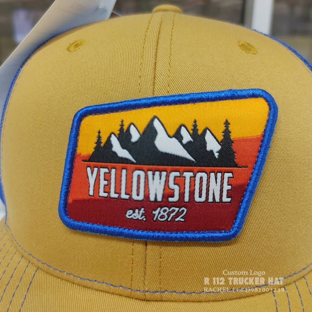 High Quality R 112 Trucker Hats 6 Panel Woven Patches Contrast Stitching Line On Brim Breathable Mesh For Shopping Vietnam OEM 3